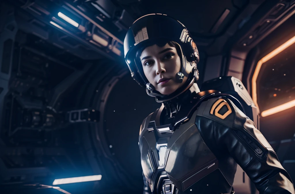 space traveler selfie in cyberpunk astronaut costume with black colors contrasting with neon orange, ultra 4k, ultra realism, unreal engine 5