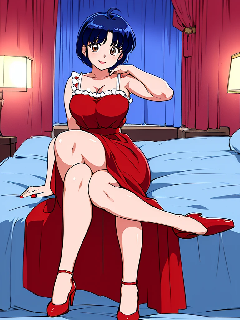 ((masterpiece)), best quality, ultra detailed, looking at viewer, intricate details, rich colors, sharp focus, volumetric lighting, dramatic atmosphere, akane tendo, brown eyes, akane, looking at viewer, 8k, 4k,light particles, highly detailed, detailed eyes, bedroom background, solo, daylight,  mini skirt, thick LEGS, red dress, pelvic curtain dress, heels, sit on bed, BLUE SKY, red heels, smile, cleavage, seductive pose, white panties, 
