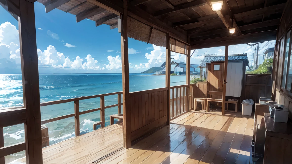 広い大Ocean原, (Oceanno上にポツンと浮かぶ小屋:1.2), A full view of the hut, Vision, Calm day, Detailed Clouds, Ocean, Calm waves, (Girl sitting on the roof:0.6)