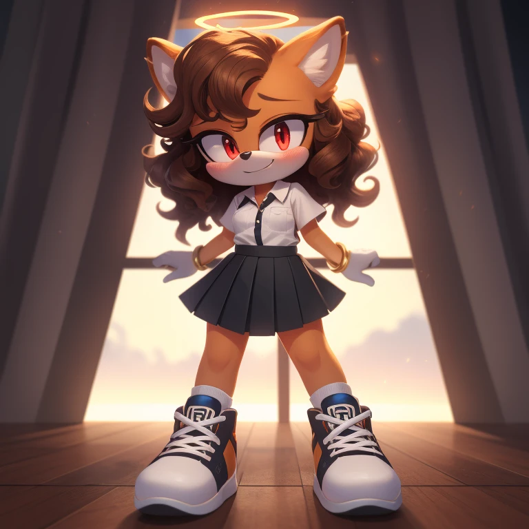 mobian, solo, hedgehog, two-tone fur ((orange fur, brown fur)), pleated shirt dress, high-top sneakers, small breasts, two-tone hair (brown hair, black tip)), curly hair, halo, sunglasses, jewelry, red eyes, longeyelashes, red eyes, smile, shy, blush, pose, high detail, masterpiece, UHD, anatomically correct, super detail, highres, 4K