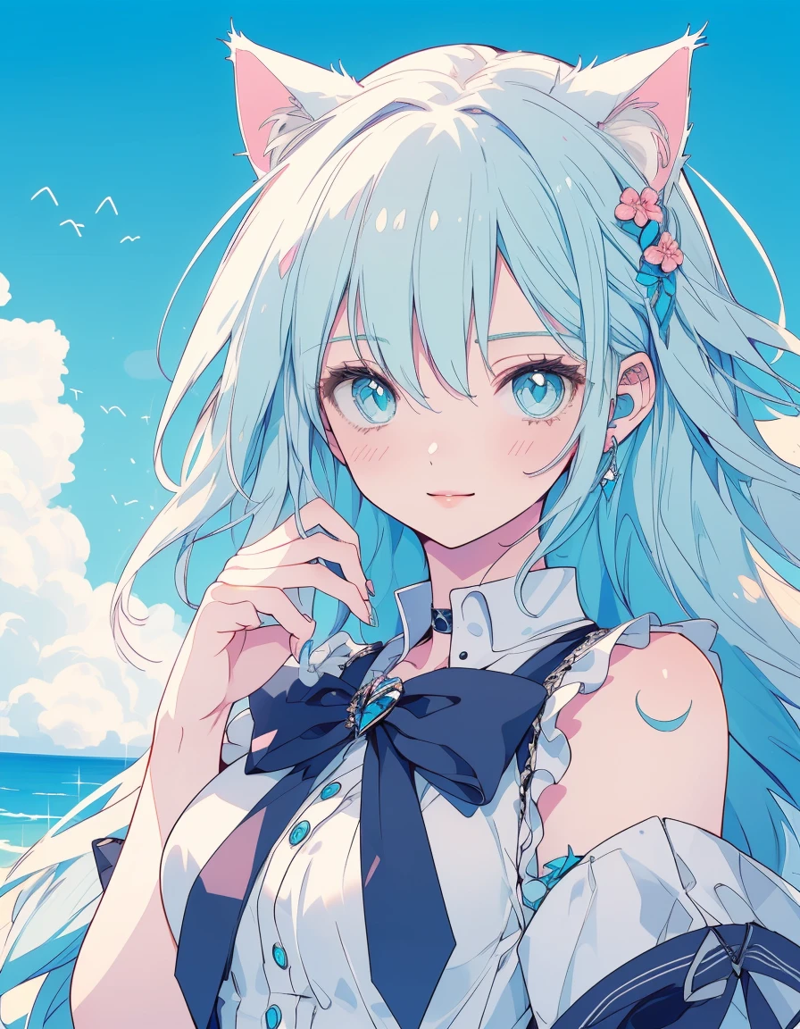 gal, smile, wink, one closed eye, full body, ((masterpiece, best quality:1.5)), ((Beautiful detailed cat aqua eyes:1.2)), cat ears, pale skin, medium breasts, beautiful hands, beautiful fingers, EasyNegative