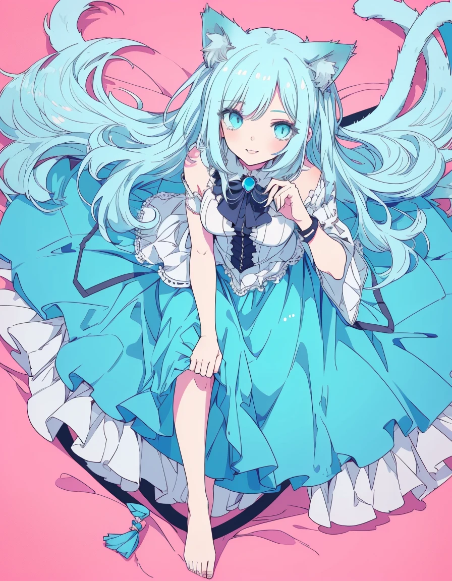 gal, smile, wink, one closed eye, full body, ((masterpiece, best quality:1.5)), ((Beautiful detailed cat aqua eyes:1.2)), cat ears, pale skin, medium breasts, beautiful hands, beautiful fingers, EasyNegative
