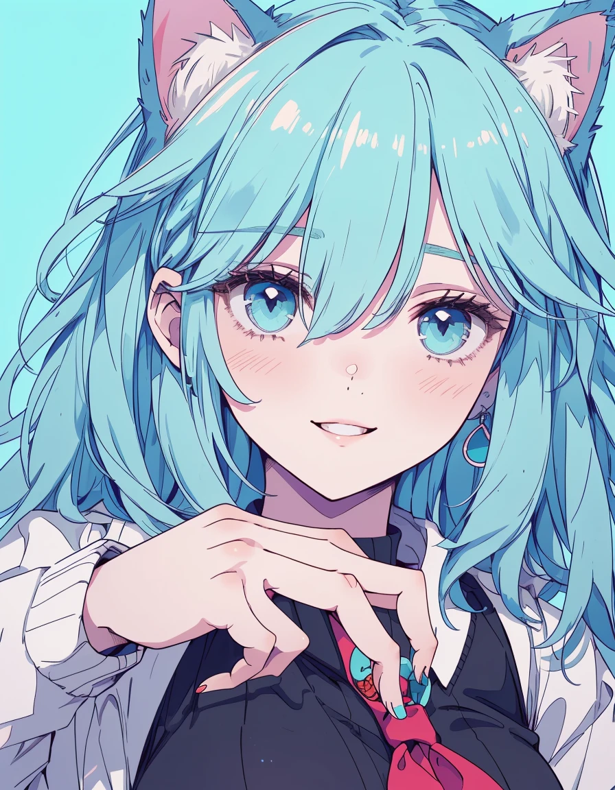 gal, smile, wink, one closed eye, full body, ((masterpiece, best quality:1.5)), ((Beautiful detailed cat aqua eyes:1.2)), cat ears, pale skin, medium breasts, beautiful hands, beautiful fingers, EasyNegative