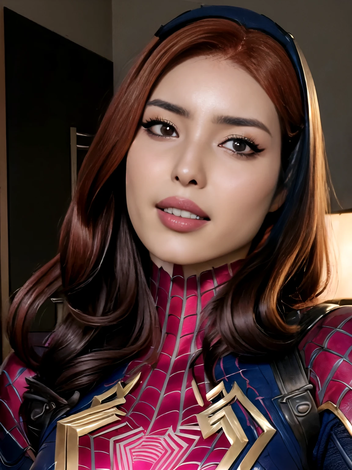 photo of Meowko, RAW, beautiful woman, ((portrait)), ((detailed face:1.2)), ((detailed facial feature, detailed skin, glossy lips, shiny luscious lips, clear skin), (long candy red hair, straight hair, bangs, Candy fuchsia hair, bright pink hair: 1.55), (slender body, narrow waist, narrow hips, skinny body, huge breasts), revealing clothes, (wearing intricate white and gold armor, full samurai armor spiderman: 1.4), (city streets: 1.15), (realistic photo, best quality, detailed), (8k wallpaper), (cinematic lighting, beautiful light, (day:1.3)) (sharp focus, intricate)
