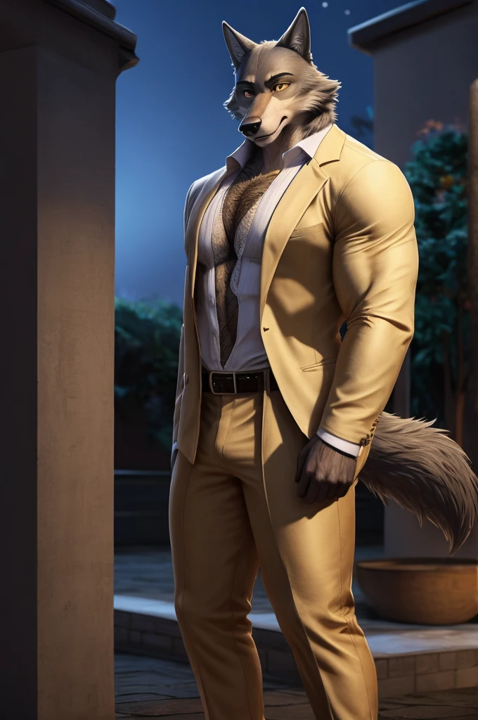 Mr. Wolf is a wolf, he has a slender build, with a dark grey snout and a white underbelly, he has deep, dark brown eyes with yellow sclera, and thick black eyebrows, with the left one having a subtle notch, Wolf likes to maintain a well-groomed and attractive appearance, and is mainly seen wearing a casual suit consisting of a cream-coloured blazer unbuttoned over a bright white dress shirt, He wears cream-coloured dress pants, a brown leather belt, and a pair of brown dress shoes, anthro wolf, male, adult, muscles, brown fur, buffed body, tail, sexy, beefy body, furred body, furry chest hair, realistic, full body, photorealistic, ultra realistic, 8k, night, bare-chested