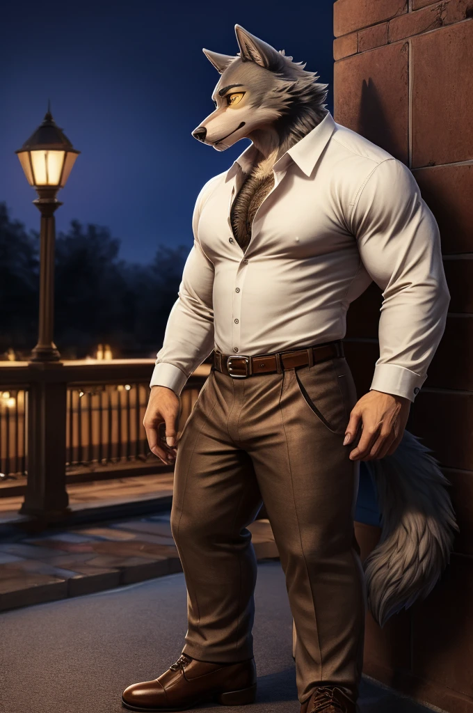 Mr. Wolf is a wolf, he has a slender build, with a dark grey snout and a white underbelly, he has deep, dark brown eyes with yellow sclera, and thick black eyebrows, with the left one having a subtle notch, Wolf likes to maintain a well-groomed and attractive appearance, and is mainly seen wearing a casual suit consisting of a cream-coloured blazer unbuttoned over a bright white dress shirt, He wears cream-coloured dress pants, a brown leather belt, and a pair of brown dress shoes, anthro wolf, male, adult, muscles, brown fur, buffed body, tail, sexy, beefy body, furred body, furry chest hair, realistic, full body, photorealistic, ultra realistic, 8k, night, bare-chested