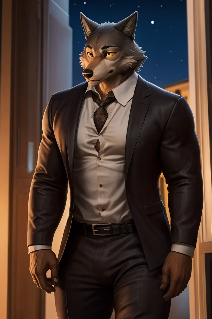 Mr. Wolf is a wolf, he has a slender build, with a dark grey snout and a white underbelly, he has deep, dark brown eyes with yellow sclera, and thick black eyebrows, with the left one having a subtle notch, Wolf likes to maintain a well-groomed and attractive appearance, and is mainly seen wearing a casual suit consisting of a cream-coloured blazer unbuttoned over a bright white dress shirt, He wears cream-coloured dress pants, a brown leather belt, and a pair of brown dress shoes, anthro wolf, male, adult, muscles, brown fur, buffed body, tail, sexy, beefy body, furred body, furry chest hair, realistic, full body, photorealistic, ultra realistic, 8k, night, bare-chested