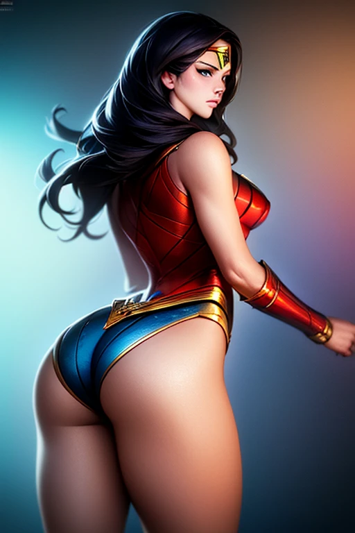 Wonder Woman, artwork, best quality, (extremely detailed 8k CG unity wallpaper), (best quality), (Best illustration), (best shade), absurderes, realistic lighting, (abyss), beautiful detailed glowing, art by Peter MohrBacher, from below, Hyperrealism, from behind