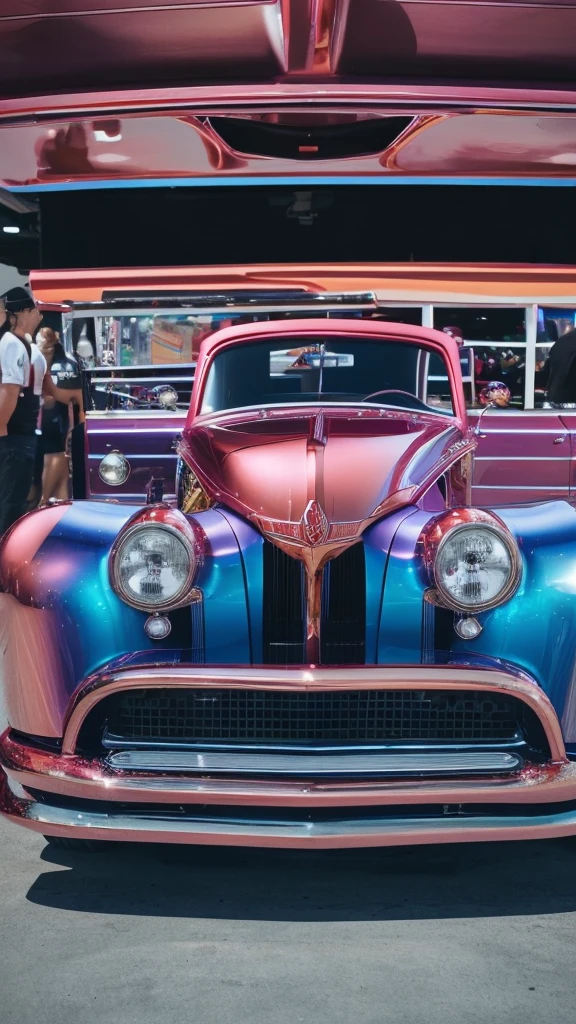 araffatured red convertible car on display at a show, a pastel by Dennis Ashbaugh, featured on instagram, pop art, lowrider style, swagger! lowrider culture, lowriders, standing in front of lowrider, brushed rose gold car paint, greg hildebrant, with big chrome tubes, car with holographic paint, 3 / 4 wide shot