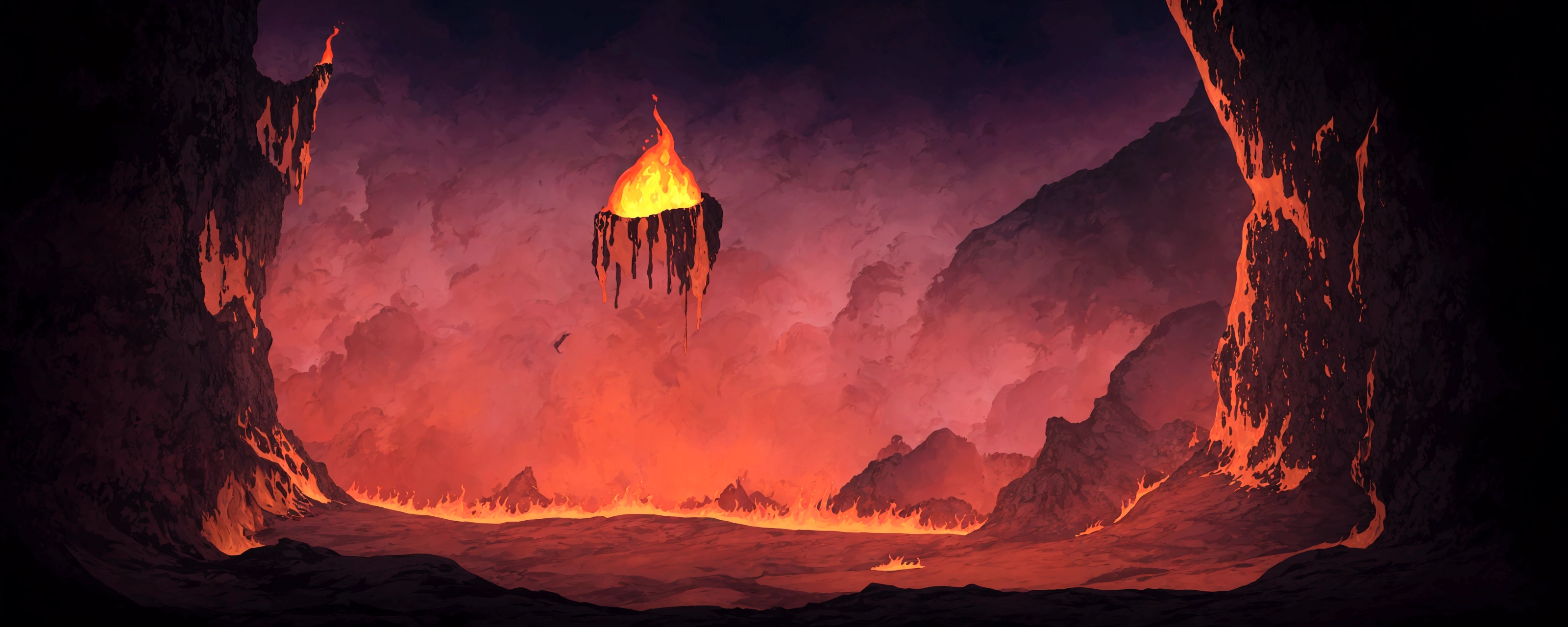 cartoon illustration of a lava cave with a fire in the middle, dark volcano background, volcano background, volcanic workshop background, firey environment, background artwork, 2 d game art background, volcano landscape, blazing fire and glowing lava, background art, background of a lava river, mobile game background, volcanic background, 2d game background, magma and lava