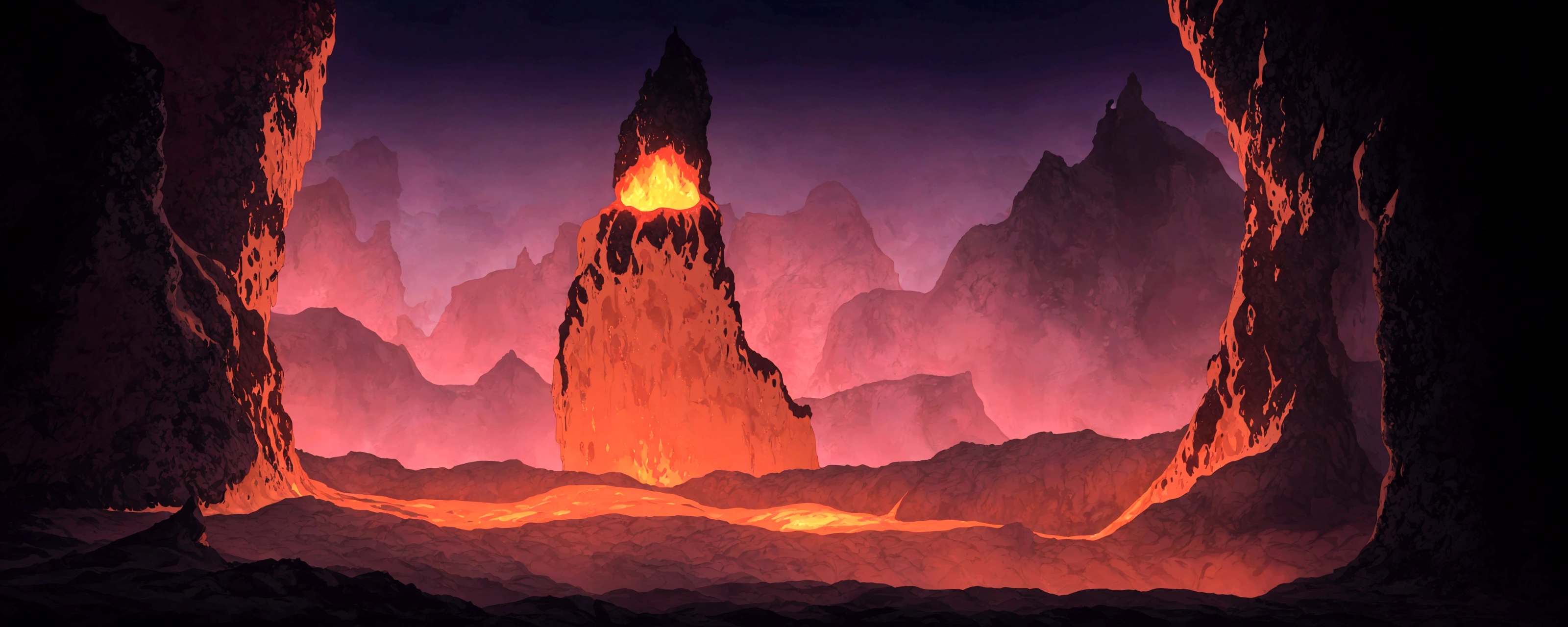 cartoon illustration of a lava cave with a fire in the middle, dark volcano background, volcano background, volcanic workshop background, firey environment, background artwork, 2 d game art background, volcano landscape, blazing fire and glowing lava, background art, background of a lava river, mobile game background, volcanic background, 2d game background, magma and lava