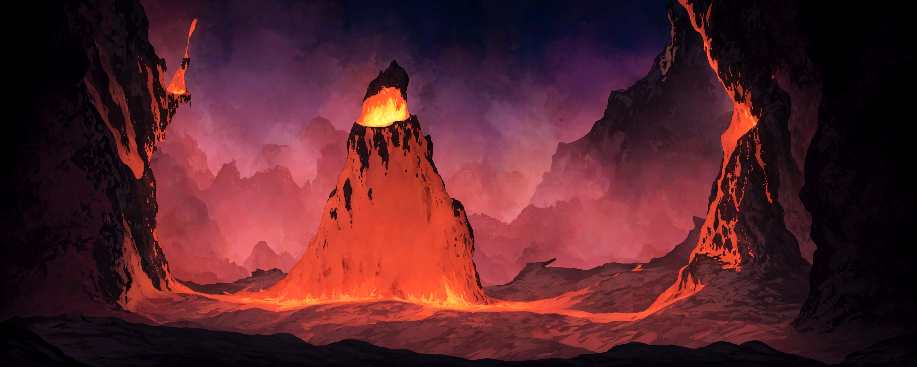 cartoon illustration of a lava cave with a fire in the middle, dark volcano background, volcano background, volcanic workshop background, firey environment, background artwork, 2 d game art background, volcano landscape, blazing fire and glowing lava, background art, background of a lava river, mobile game background, volcanic background, 2d game background, magma and lava