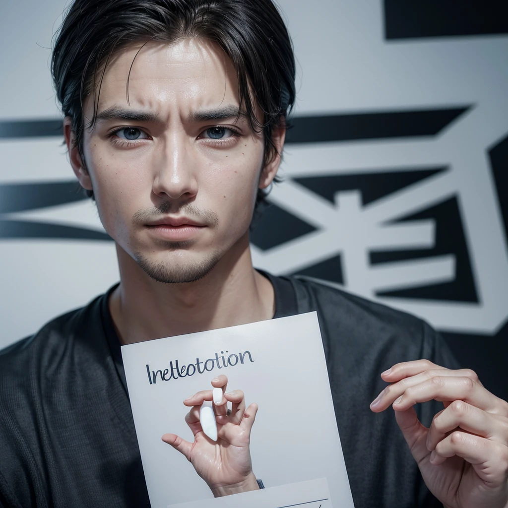 creates a realistic image of a man making the attention sign(attention sign)( observation must not have errors and bugs) must be perfect