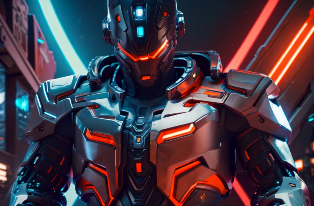 male space traveler selfie in cyberpunk astronaut mecha costume with black colors contrasting with neon orange, Ultra 4K, Ultra realism,