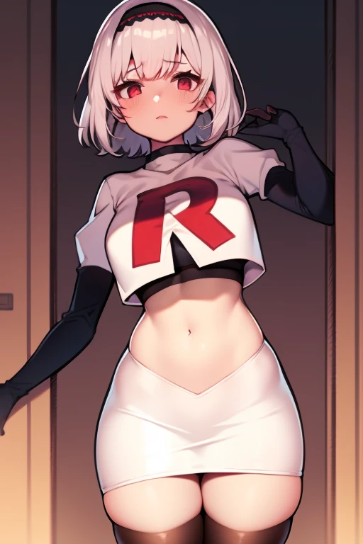 sirius (azur lane),white hair,red eyes,1girl,short hair,headband,team rocket,team rocket uniform,white skirt,red letter R,crop top,black thigh-highs,black elbow gloves