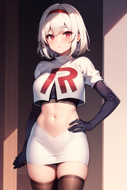 sirius (azur lane),white hair,red eyes,1girl,short hair,headband,team rocket,team rocket uniform,white skirt,red letter R,crop top,black thigh-highs,black elbow gloves