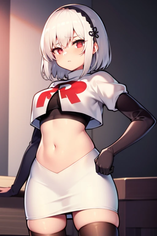 sirius (azur lane),white hair,red eyes,1girl,short hair,headband,team rocket,team rocket uniform,white skirt,red letter R,crop top,black thigh-highs,black elbow gloves