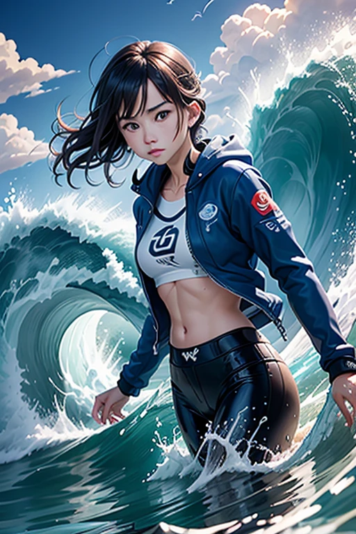 A surfer in a blue jacket is riding a wave on a white surfboard, Asuka as a surfer model, surfing, Great waves, Riding the wind and waves, Beautiful digital art, Photo Editing, Makoto Shinkai Cyril Rolland, surfing写真, Big Waves, Soaring Waves, water manipulation photoshop, Big Wave, Photo Editing, Lostrun 8k, Big Wavess