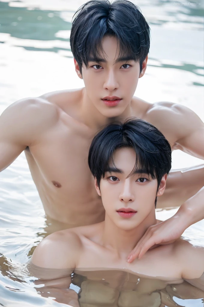two man with realistic tied black hair, kissing, handsome, strong, Muscly, Husky, Fit, realistic short bangs, exactly the same hairstyle, realistic Korean handsome face, realistic sharp eyes, realistic cool expression, topless, white jockstrap, summer, Wet body, in water
