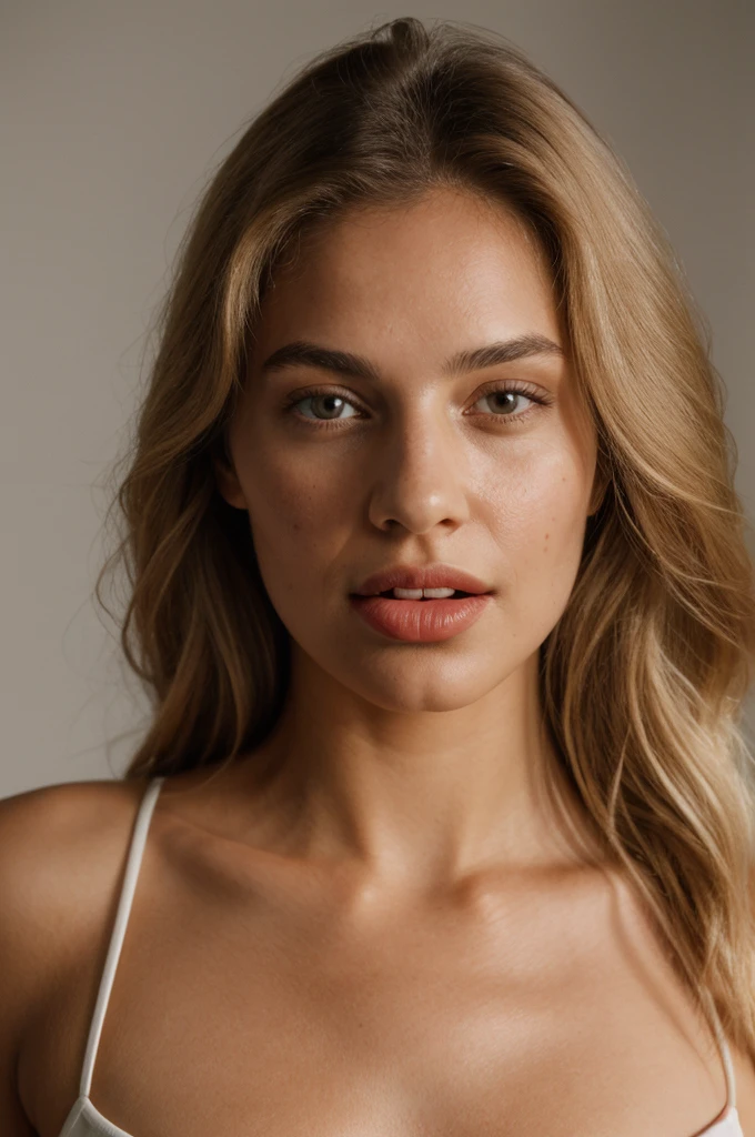 A photorealistic portrait of a young and beautiful 19-year-old woman with light blonde hair, long hair, and brown eyes, American. Epic realism, raw photo, (highly detailed skin:1.2), 8k, DSLR, soft lighting, high quality, film grain, Fujifilm XT3, ultra high resolution, photorealistic:1.4, uhd. The background is blurred to emphasize her face. Her facial features are meticulously detailed: her smooth and clear, slightly tanned skin, well-defined cheekbones, a perfectly shaped nose, a high and smooth forehead, long and thick eyelashes, well-groomed eyebrows, and soft, slightly parted lips. The lighting highlights the natural contours of her face, giving a lifelike and vibrant appearance. She exudes a captivating beauty, with a seductive and alluring expression, sticking her tongue out playfully and giving a fierce, tigress-like look. This dynamic pose makes her appear as a stunning and confident 19-year-old OnlyFans model, radiating sexiness and charisma.