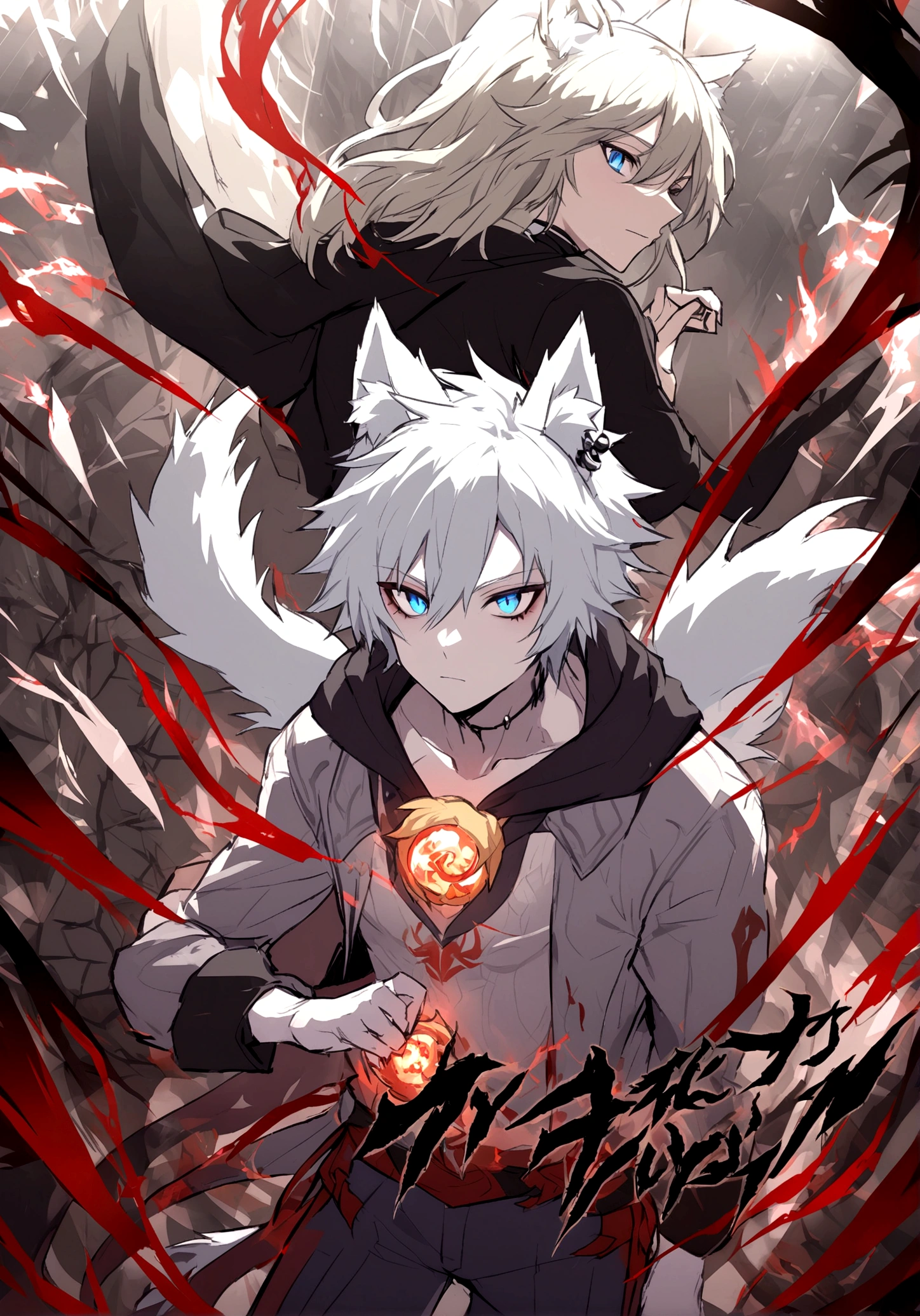 Create a male tabletop RPG character (Dungeons & Dragons) like being a 2D drawing Race: Half-Human Wolf Age: 17-18 years old Appearance: Luminos has hair as white as snow, Piercing blue eyes that shine with a mysterious aura, and a pale skin that contrasts with his wild appearance. He has a slender and athletic physique, with well-defined muscles that denote its agility and strength. Its most striking features are its clear wolf ears and tail., that show their wolf heritage.