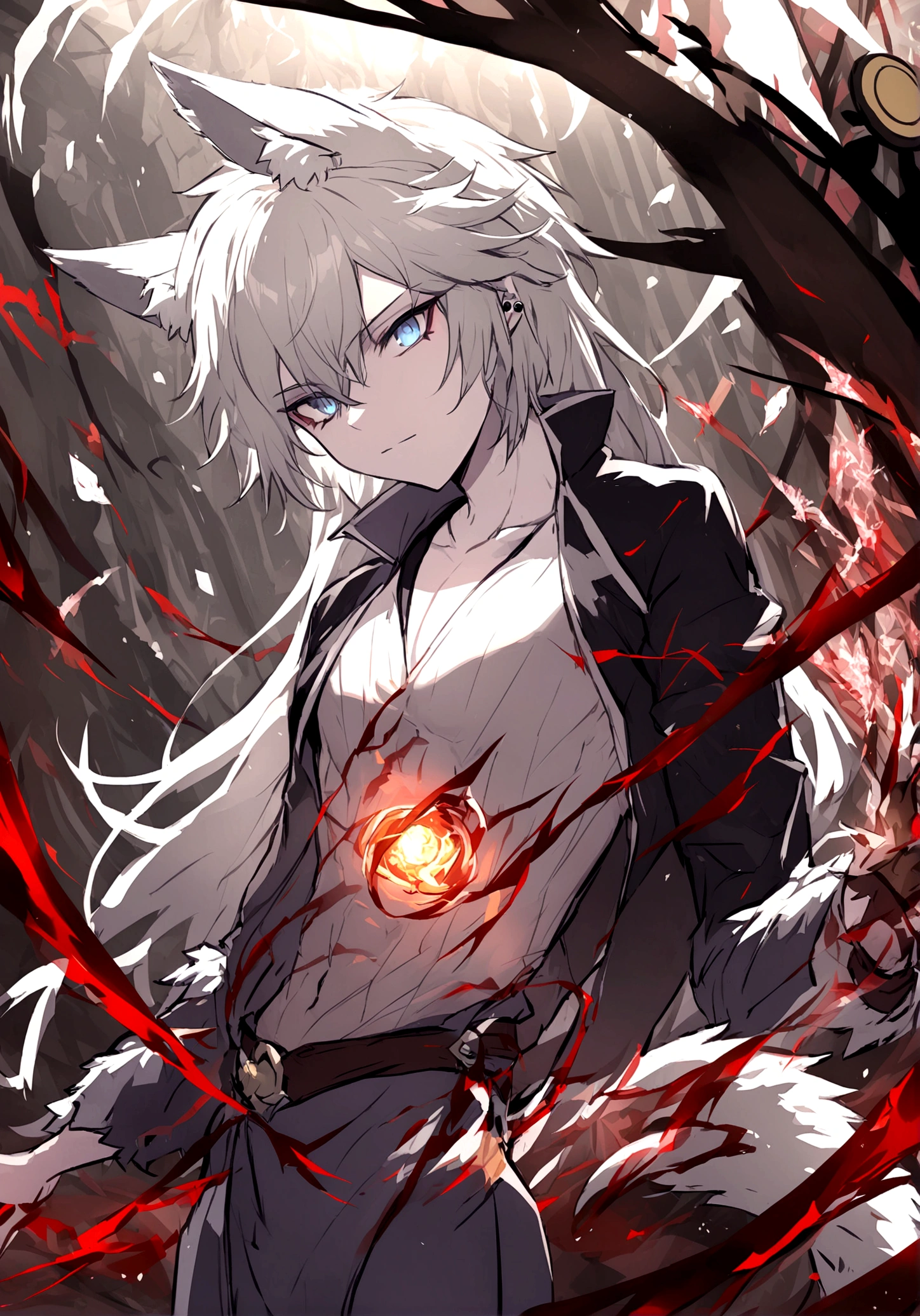 Create a male tabletop RPG character ( Dungeons & Dragons) like being a 2D drawing Race: Half-Human Wolf Occupation: Age Arcane Assassin: 17-18 years old Appearance: Luminos has hair as white as snow, Piercing blue eyes that shine with a mysterious aura, and a pale skin that contrasts with his wild appearance. He has a slender and athletic physique, with well-defined muscles that denote its agility and strength. Its most striking features are its clear wolf ears and tail., that show their wolf heritage.