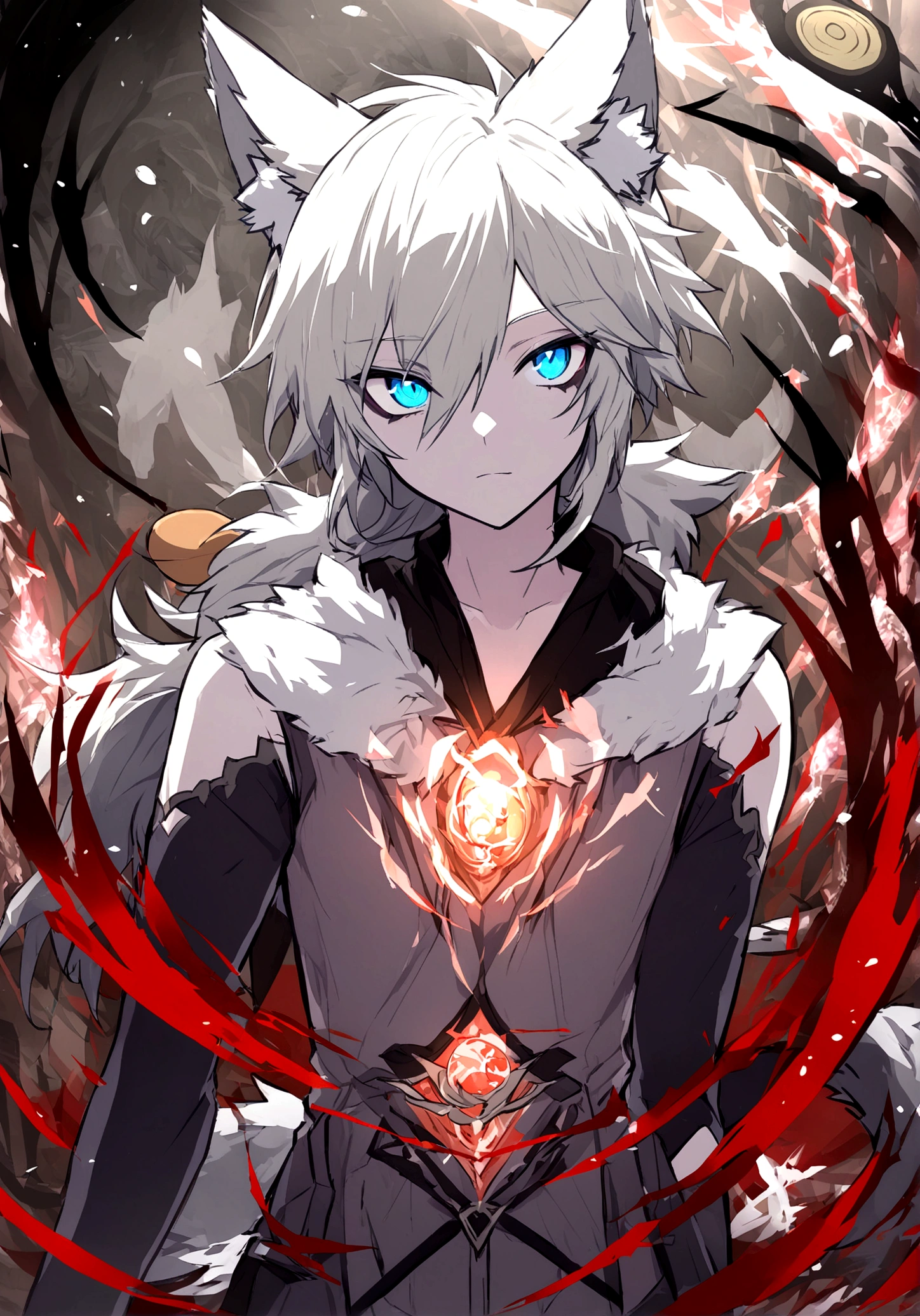 Create a male tabletop RPG character ( Dungeons & Dragons) like being a 2D drawing Race: Half-Human Wolf Occupation: Age Arcane Assassin: 17-18 years old Appearance: Luminos has hair as white as snow, Piercing blue eyes that shine with a mysterious aura, and a pale skin that contrasts with his wild appearance. He has a slender and athletic physique, with well-defined muscles that denote its agility and strength. Its most striking features are its clear wolf ears and tail., that show their wolf heritage.