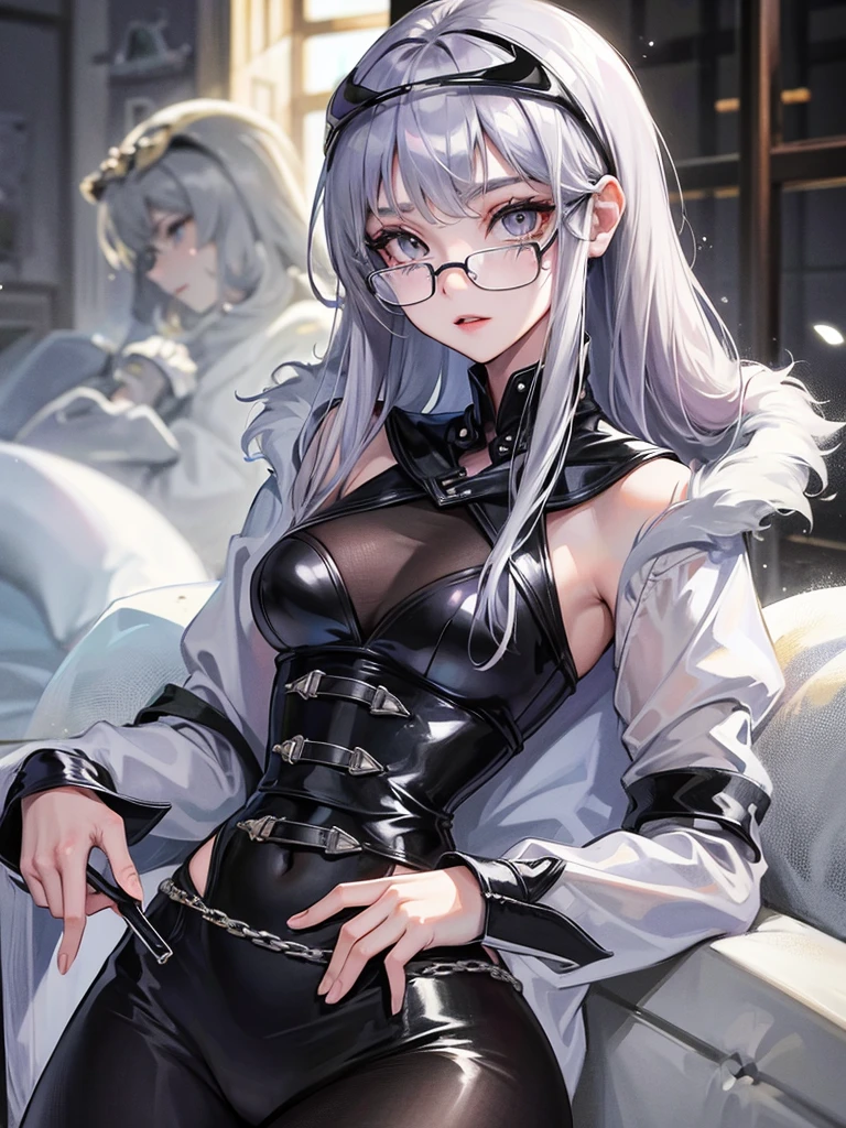 A slim 19-year-old girl with long lavender hair, silver-gray eyes and wears stylish black glasses. her skin is snow white and smooth.