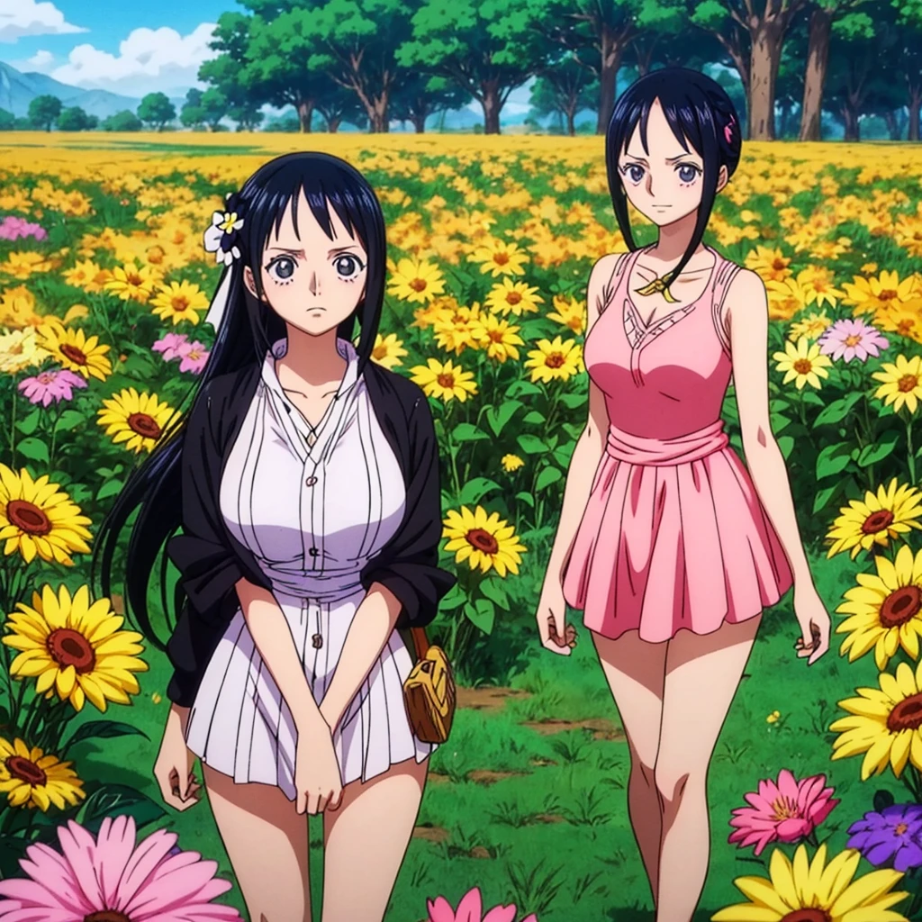 anime girl with black eyes and black hair in a field of flowers, today's featured anime still, female one piece character, anime visual of a young woman, screenshot from the anime film, girl with black hair, in the anime film, perfect black haired girl, anime visual of a cute girl, 