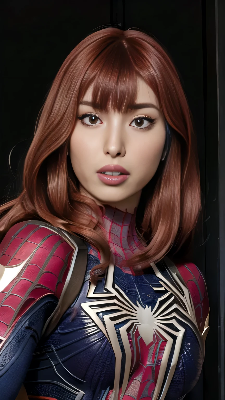photo of Meowko, RAW, beautiful woman, ((portrait)), ((detailed face:1.2)), ((detailed facial feature, detailed skin, glossy lips, shiny luscious lips, clear skin), (long candy red hair, straight hair, bangs, Candy fuchsia hair, bright pink hair: 1.55), (slender body, narrow waist, narrow hips, skinny body, huge breasts), revealing clothes, (wearing intricate white and gold armor, full samurai armor spiderman: 1.4), (city streets: 1.15), (realistic photo, best quality, detailed), (8k wallpaper), (cinematic lighting, beautiful light, (day:1.3)) (sharp focus, intricate)