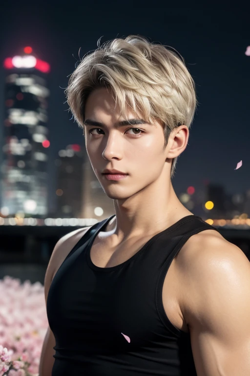 portrait of a 1 boy wearing a tight black tank top, front view, looking at camera, (smirk:0.65), (angry:0.3), cinematic shot on canon 5d ultra realistic, urban atmosphere, skyscrapers, night scene, sakura petals are flying over the background, short hair comma hair, (extremely handsome:1.2) yellow eyes.white hair, sfw