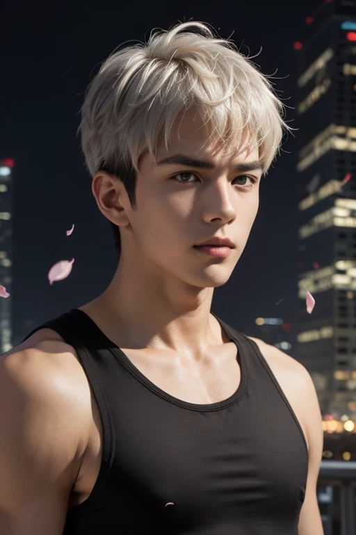 portrait of a 1 boy wearing a tight black tank top, front view, looking at camera, (smirk:0.65), (angry:0.3), cinematic shot on canon 5d ultra realistic, urban atmosphere, skyscrapers, night scene, sakura petals are flying over the background, short hair comma hair, (extremely handsome:1.2) yellow eyes.white hair, sfw
