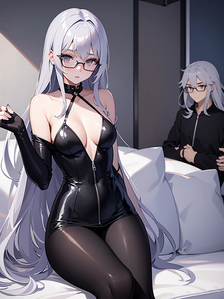 A slim 19-year-old girl with long lavender hair, silver-gray eyes and wears stylish black glasses. her skin is snow white and smooth.