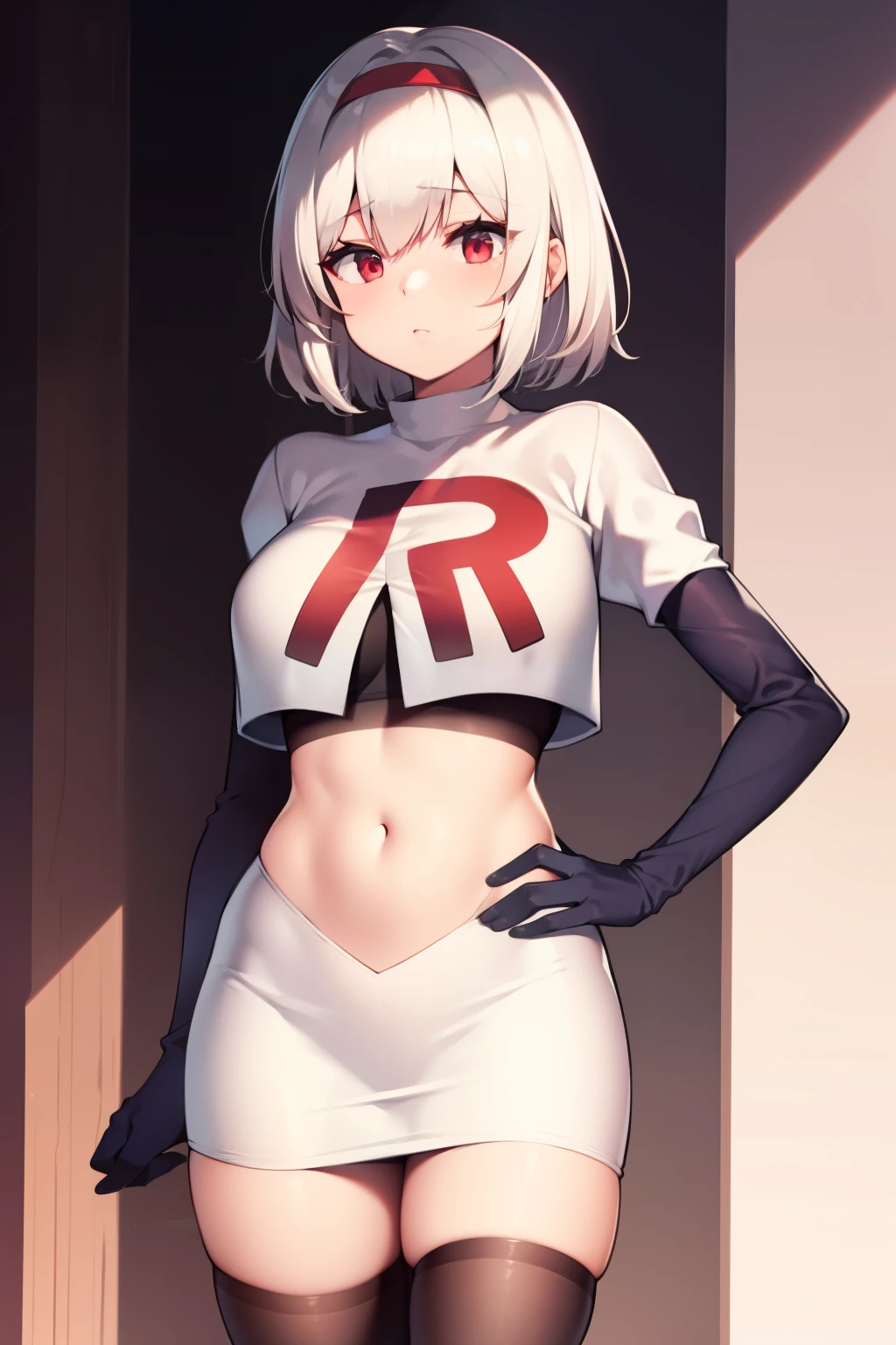 sirius (azur lane),white hair,red eyes,1girl,short hair,headband,team rocket,team rocket uniform,white skirt,red letter R,crop top,black thigh-highs,black elbow gloves