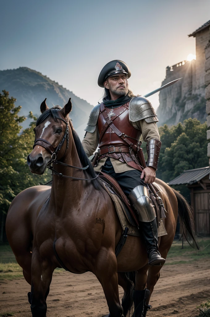 1 men, age 45, photo of warrior from the german empire on top of his brown horse, original sword, shield with your clan symbol, boots from medieval times, fighting a bloody battle, volumetric lighting, athletic, best qualityer, fot, details Intricate, tone mapping, sharp focus, hyper detailled, trends on artstation, gazing at viewer, realisitic