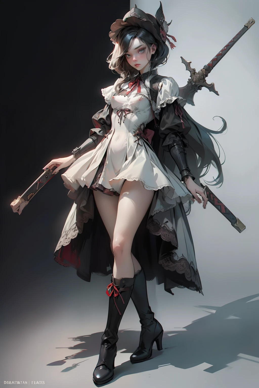 ((best quality)), ((masterpiece)), (detailed), blank white background, plain background, white background, red and white clothing, Bloodborne inspired, occult aesthetic, occult, detailed and intricate steampunk and detailed gothic, NSFW, Very dramatic and cinematic lighting, cosmic horror, grim-dark, side-lighting, perfect face, NSFW, Fluttering lace flared long knee length dress with frilly petticoats, knee length dress, pleated petticoats, lolita dress, petticoats gothic lolita, complex lace boots, side-lighting, gothic lolita aesthetic, wielding a mighty sword with mechanical components, carbine, NSFW, beautiful small breasts, small breasts, full body, whole body, body, plain background, white background, blank background, no background, white background NSFW, full body, whole body, head-to-toe NSFW