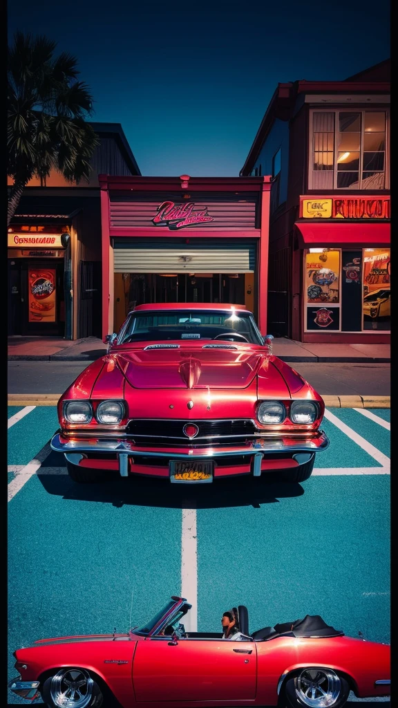 araffatured red convertible car parked on street at dusk, a pastel by Dennis Ashbaugh, featured on instagram, pop art, lowrider style, swagger! lowrider culture, lowriders, standing in front of lowrider, brushed rose gold car paint, greg hildebrant, with big chrome tubes, car with holographic paint, 