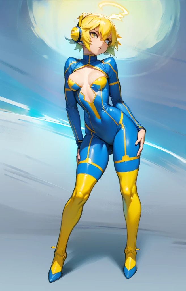 Thunder backdrop, thunder ranger,  face, small breast, tight suit, speedy thunder, alien weapons , yellow hair