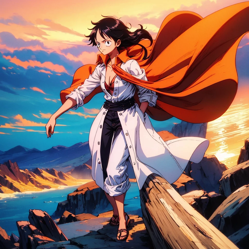 masterpiece, best quality), intricate details, 1 girl, woman, black hair, straw hat, monkey d luffy\ (one piece\), scar on face, (long hair), shirt, white shirt, female focus, clothes, collared shirt, pants, cape, black coat, shirt, scar, sandals, pectorals, partially unbuttoned, cleavage, black coat on shoulders, nature, scenery, upper body, straw hat, (night)