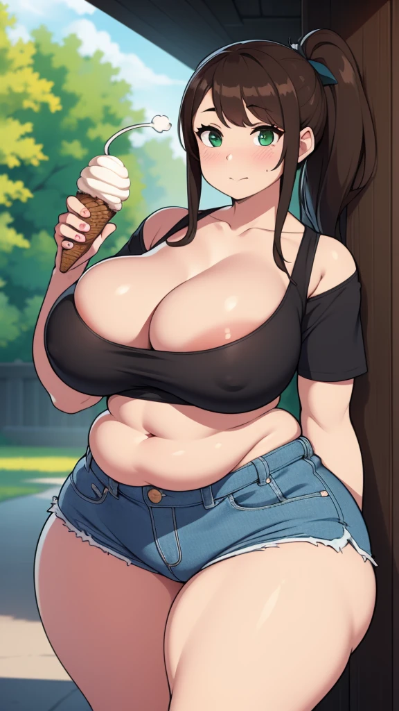 ((Masterpiece)), perfect anatomy, perfect shading, field of depth, (best quality), extremely delicate and beautiful, perfect lighting, detailed face, ultra cute face, cute, (1girl), (solo),
short fluffy brown hair, ponytail, green eyes, ((blush)), embarrassed, looking at viewer, crop top, shorts, cleavage, medium breasts, ((thick thighs)), ((wide hips)), fat ass, chubby,
intricate background, detailed background, park, standing, holding ice cream,