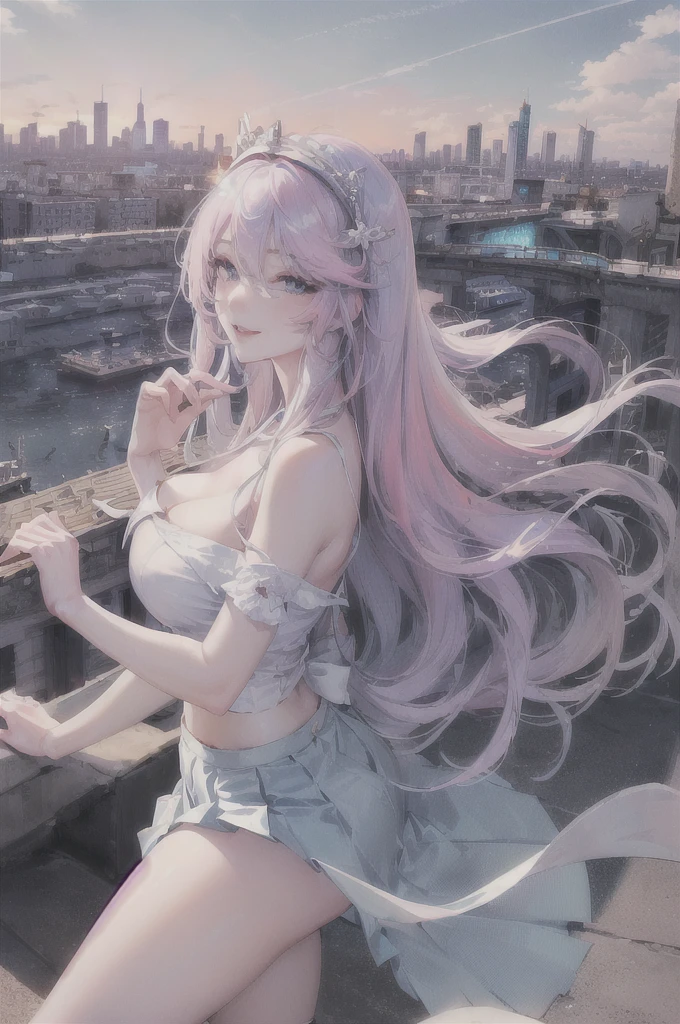 Official Art, masterpiece, Clear focus, (Beautiful, gorgeous and lovely Korean woman:1.3), (Beautiful and cute Korean:1.3), Korean beauty, exquisite beautiful hair、eyes and face, Practical, Super detailed, beautiful girl, Blue sky, Glowing white particles, (Side Light:1.2), Sunlight, White Cloud, Detailed clouds, slim, Large Breasts,Cleavage exposed,Show off your waist, Both faces are slightly red, Long and straight hair, sexy facial expression, architecture, (city View:1.7), Dynamic Hair, Long and straight hair, Detailed platinum pink hair, glowing blue eyes, (Blue Pleated Shirt + White Skirt), White socks, Pale skin, Hair accessories, Epic Landscape,