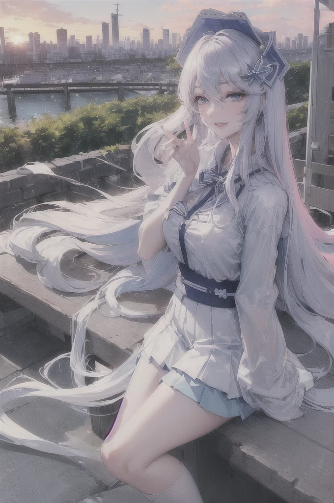 official art, masterpiece, sharp focus, (beautiful gorgeous cute Korean woman:1.3), (beautiful cute korean:1.3), korean beauty, Delicate and beautiful hair and eyes and face, realistic, ultra detailed, beautiful girl, blue sky, glow white particle, (sidelighting:1.2), sun light, white cloud, detailed clouds, slender, Lovely very large breasts and very large hips, smile with teeth, ((smile with eyes, open both eyes)), scenery, long straight hair, sexy facial expression, building, (cityscape:1.7), dynamic hair, long straight hair, detailed platinum pink hair, glow blue eyes, (blue pleated shirts + white skirt), white long socks, pale skin, hair ornament, epic scenery,