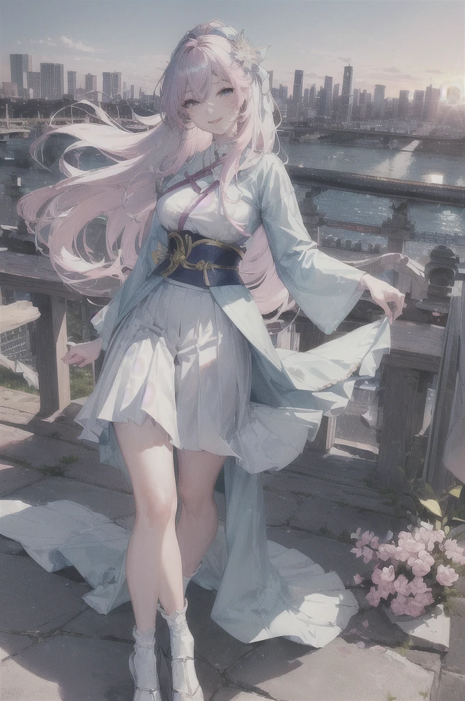 official art, masterpiece, sharp focus, (beautiful gorgeous cute Korean woman:1.3), (beautiful cute korean:1.3), korean beauty, Delicate and beautiful hair and eyes and face, realistic, ultra detailed, beautiful girl, blue sky, glow white particle, (sidelighting:1.2), sun light, white cloud, detailed clouds, slender, Lovely very large breasts and very large hips, smile with teeth, ((smile with eyes, open both eyes)), scenery, long straight hair, sexy facial expression, building, (cityscape:1.7), dynamic hair, long straight hair, detailed platinum pink hair, glow blue eyes, (blue pleated shirts + white skirt), white long socks, pale skin, hair ornament, epic scenery,