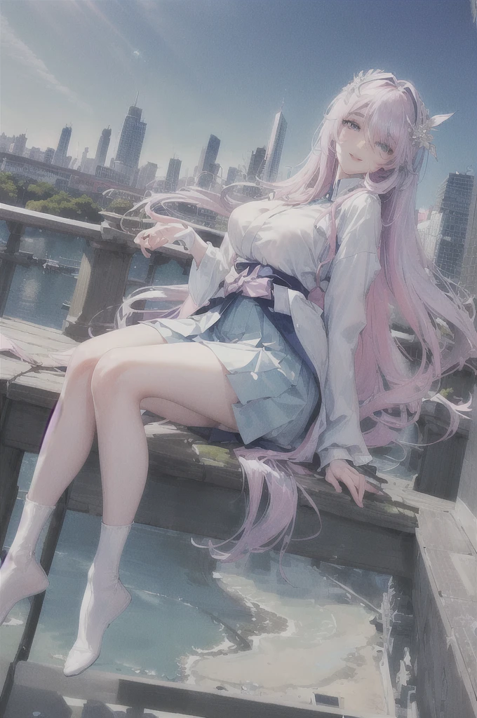 official art, masterpiece, sharp focus, (beautiful gorgeous cute Korean woman:1.3), (beautiful cute korean:1.3), korean beauty, Delicate and beautiful hair and eyes and face, realistic, ultra detailed, beautiful girl, blue sky, glow white particle, (sidelighting:1.2), sun light, white cloud, detailed clouds, slender, Lovely very large breasts and very large hips, smile with teeth, ((smile with eyes, open both eyes)), scenery, long straight hair, sexy facial expression, building, (cityscape:1.7), dynamic hair, long straight hair, detailed platinum pink hair, glow blue eyes, (blue pleated shirts + white skirt), white long socks, pale skin, hair ornament, epic scenery,
