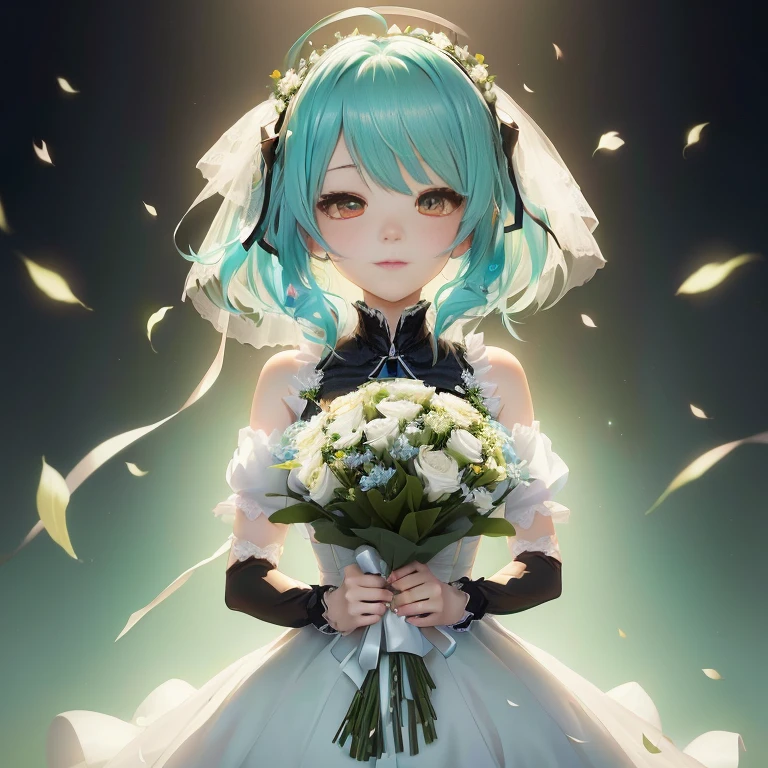 anime girl in a wedding dress holding a bouquet of flowers, mikudayo, anime moe artstyle, guweiz on pixiv artstation, portrait of hatsune miku, anime girl with teal hair, hatsune miku portrait, guweiz on artstation pixiv, nightcore, loli in dress, hatsune miku short hair