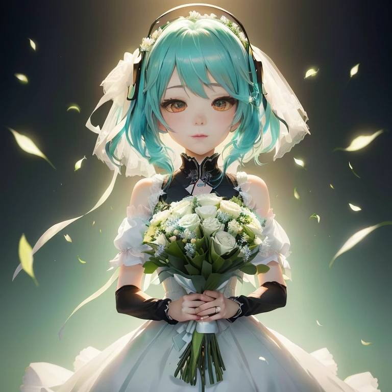 anime girl in a wedding dress holding a bouquet of flowers, mikudayo, anime moe artstyle, guweiz on pixiv artstation, portrait of hatsune miku, anime girl with teal hair, hatsune miku portrait, guweiz on artstation pixiv, nightcore, loli in dress, hatsune miku short hair