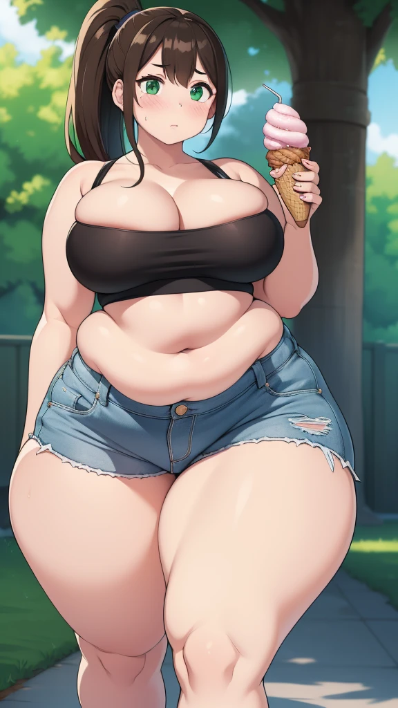 ((Masterpiece)), perfect anatomy, perfect shading, field of depth, (best quality), extremely delicate and beautiful, perfect lighting, detailed face, ultra cute face, cute, (1girl), (solo),
short fluffy brown hair, ponytail, green eyes, ((blush)), embarrassed, looking at viewer, crop top, shorts, cleavage, medium breasts, ((thick thighs)), ((wide hips)), fat ass, chubby,
intricate background, detailed background, park, standing, holding ice cream,