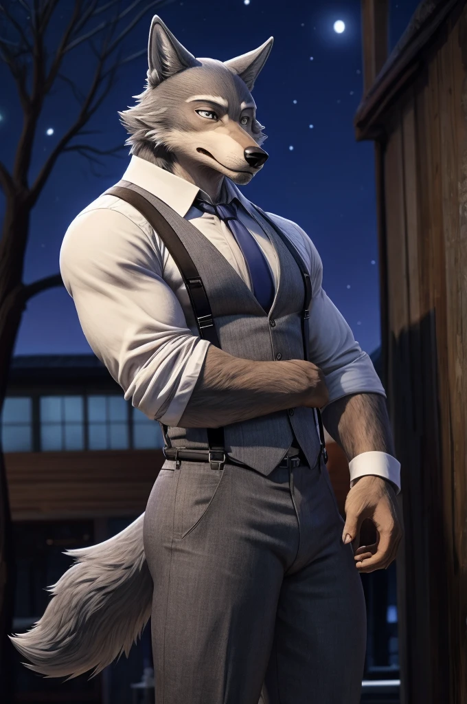 Legoshi is a tall, lean gray wolf, fur on his body is bluish gray, while his face, neck, and chest fur are a cream color, wearing a indigo vest, a dark gray tie, black suspenders, gray pants with dark gray vertical stripes, and brown loafers, anthro wolf, male, adult, muscles, grey fur, buffed body, tail, sexy, beefy body, furred body, furry chest hair, realistic, full body, photorealistic, ultra realistic, 8k, night, bare-chested