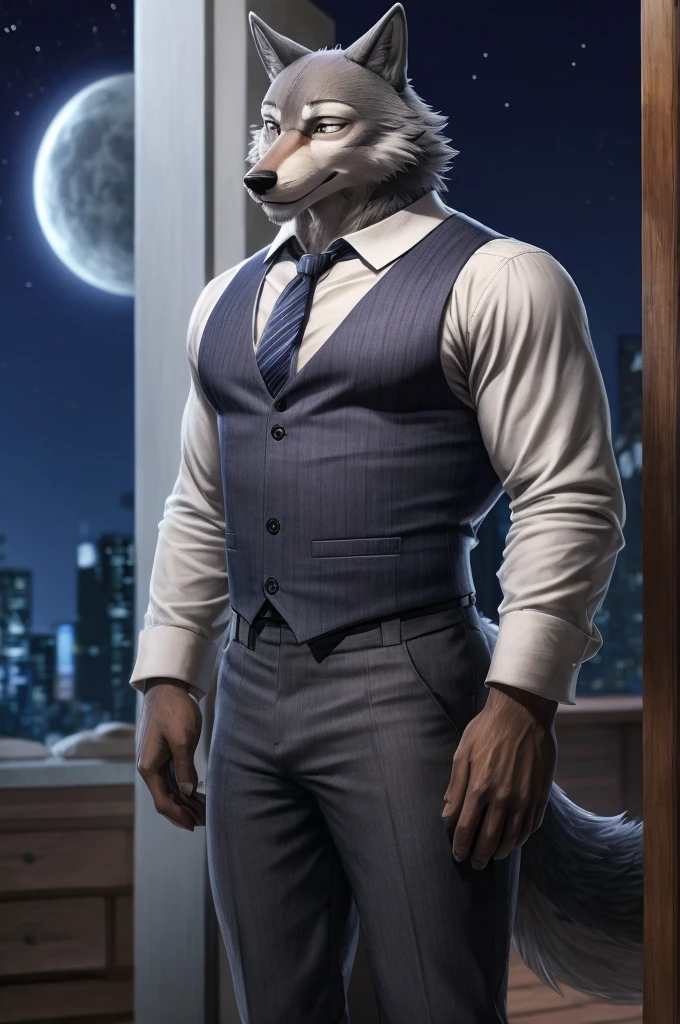 Legoshi is a tall, lean gray wolf, fur on his body is bluish gray, while his face, neck, and chest fur are a cream color, wearing a indigo vest, a dark gray tie, black suspenders, gray pants with dark gray vertical stripes, and brown loafers, anthro wolf, male, adult, muscles, grey fur, buffed body, tail, sexy, beefy body, furred body, furry chest hair, realistic, full body, photorealistic, ultra realistic, 8k, night, bare-chested