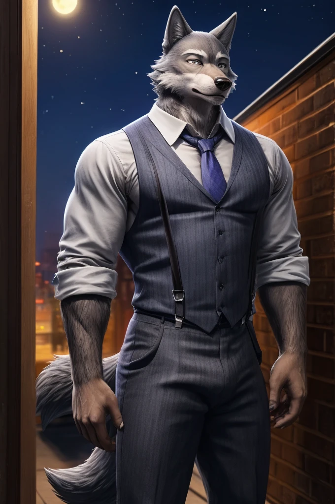 Legoshi is a tall, lean gray wolf, fur on his body is bluish gray, while his face, neck, and chest fur are a cream color, wearing a indigo vest, a dark gray tie, black suspenders, gray pants with dark gray vertical stripes, and brown loafers, anthro wolf, male, adult, muscles, grey fur, buffed body, tail, sexy, beefy body, furred body, furry chest hair, realistic, full body, photorealistic, ultra realistic, 8k, night, bare-chested